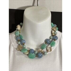 Shell Glass Acrylic Bead Necklace Blue Green Women 34” Beachy